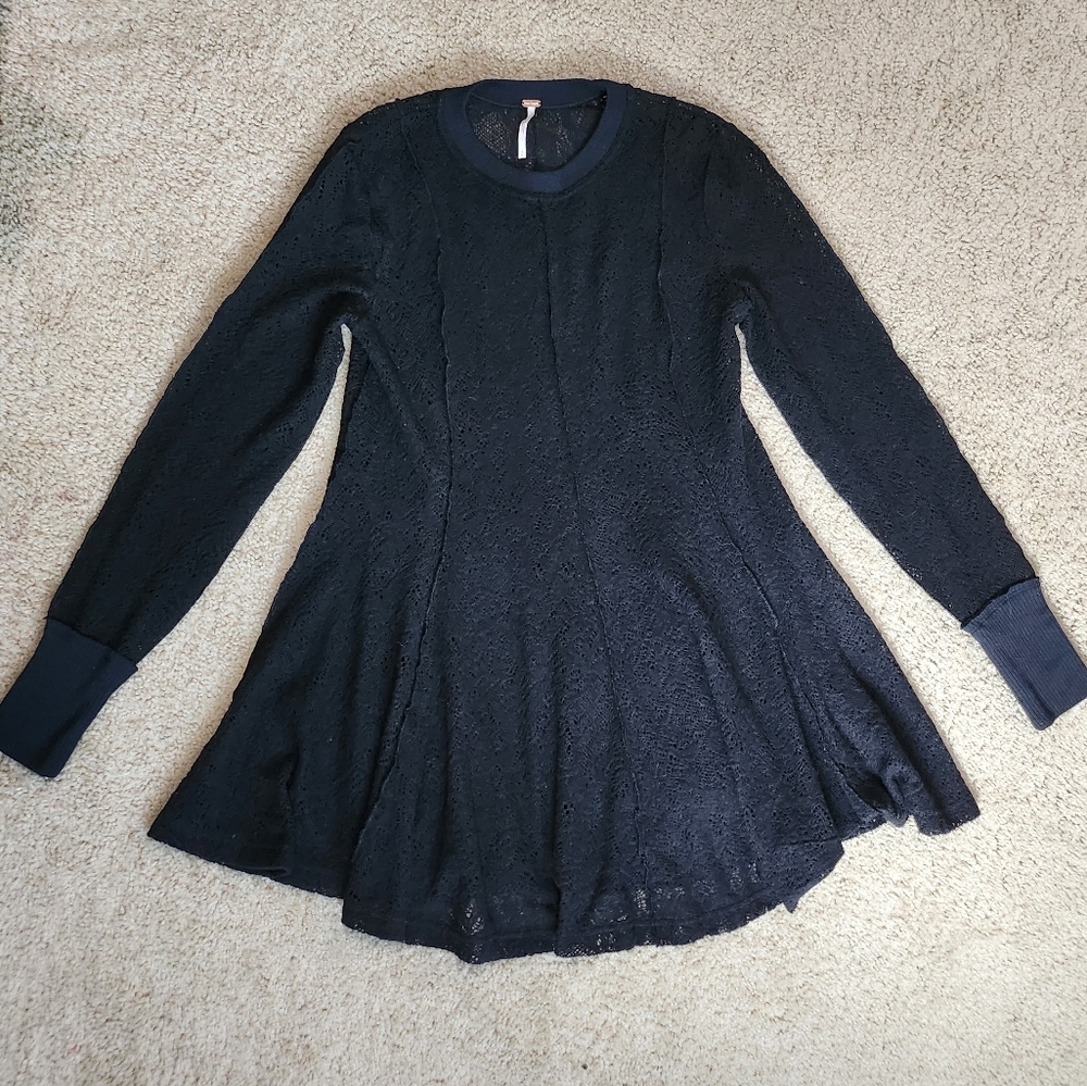 Free People Dress Shirt Size Small Black Soft Sheer Lacey Flowy Long Sleeves